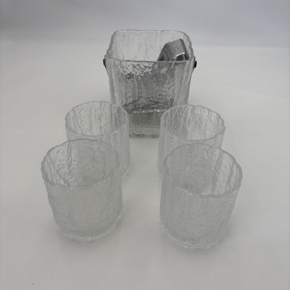 4 Crystal OLD FASHIONED GLASSES 1981 Frostfire-frosted bark like texture-Mikasa